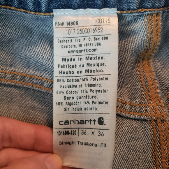 Carhartt Mens Jeans Traditional Fit Denim Straight Leg 36x36‎ tag 36x35 measured - Picture 8 of 10
